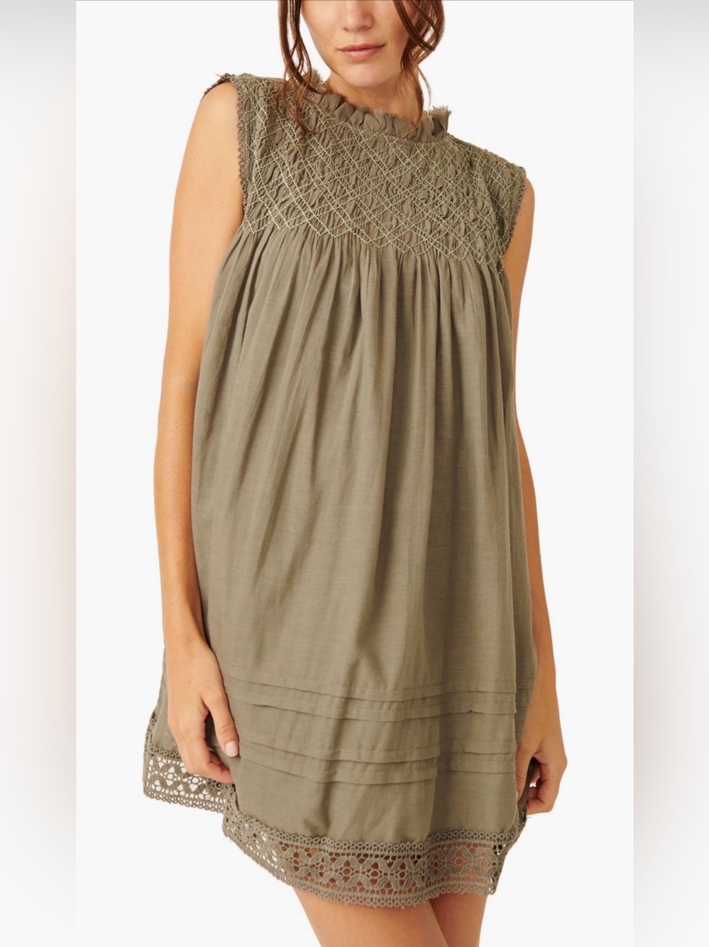 Free People Shea Smocked Yoke Shift Mini Dress Dried Basil Green Olive XS